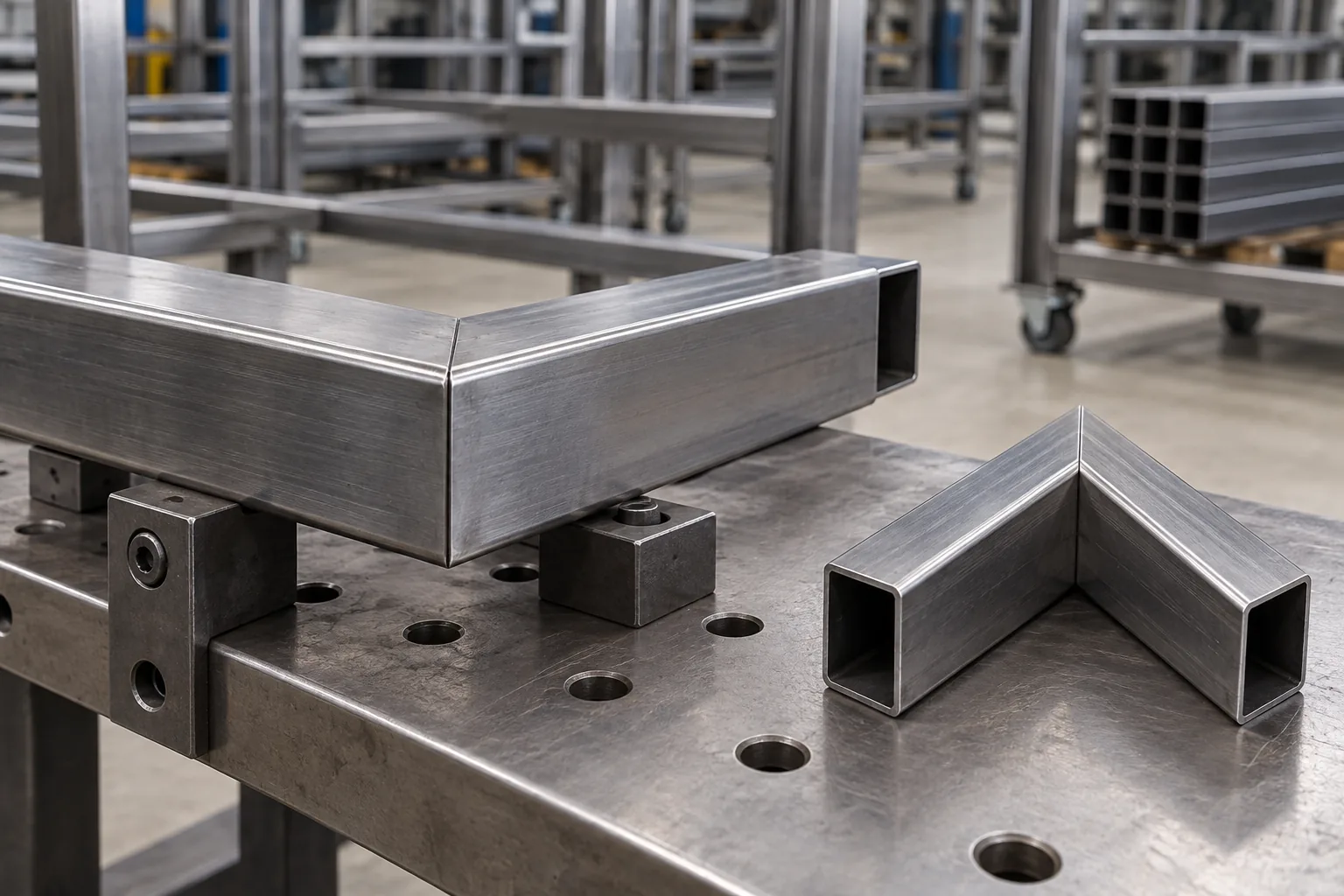 Two tube ends with square and miter joint geometry for a welded storage frame