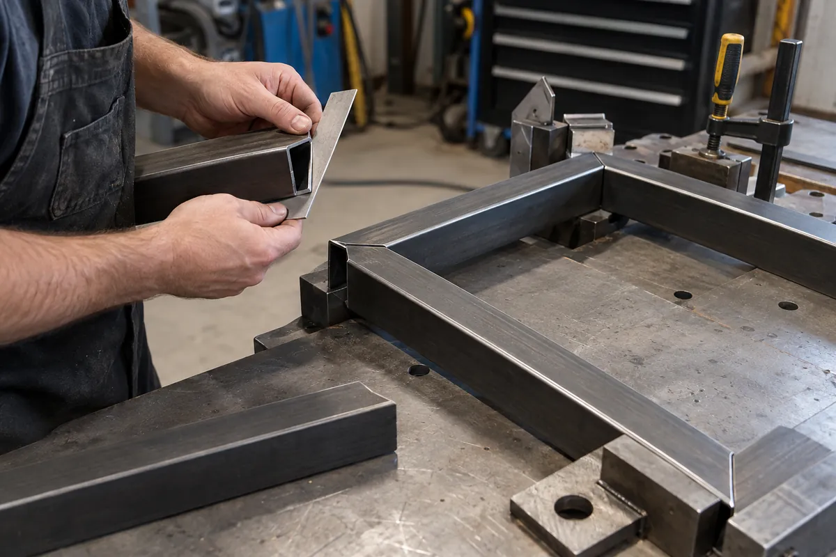 Technician using a square to check tube-end alignment before assembly