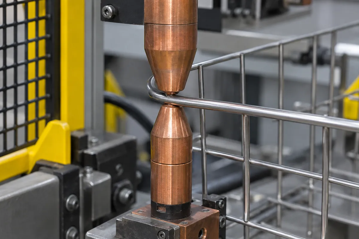 Resistance welding electrodes contacting a wire intersection on a basket frame