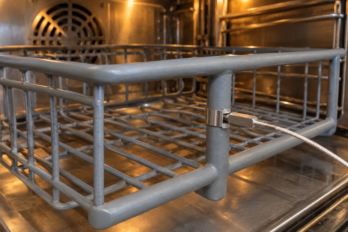 Probe attached to a coated metal rack member to capture part temperature