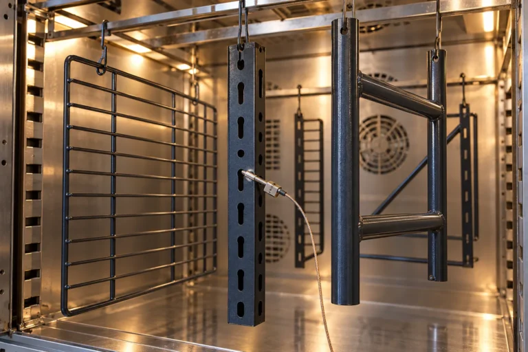 Coated metal storage rack members inside an oven with a temperature probe attached