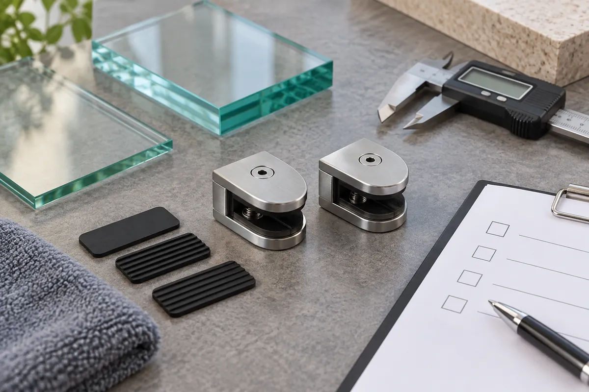 Buyer checking glass shelf clamp dimensions and sample fit