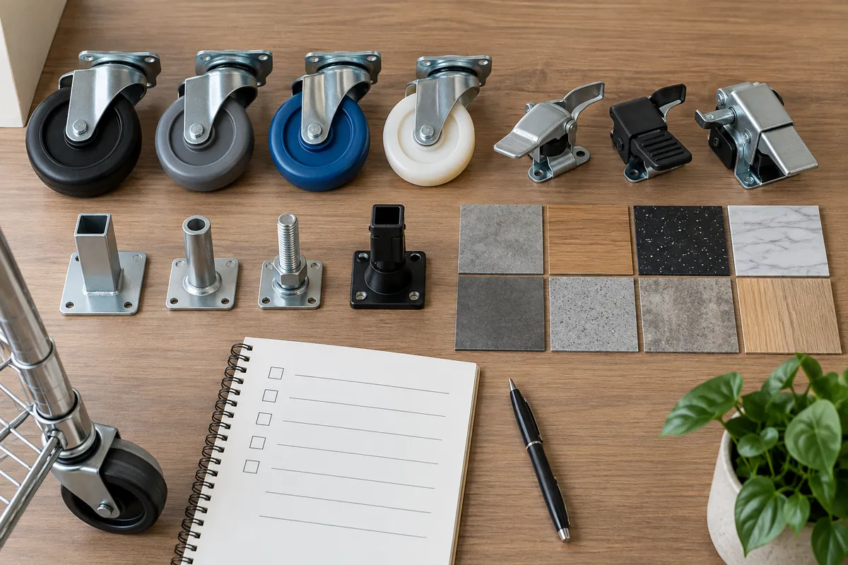 Buyer checking storage rack caster brakes and floor compatibility