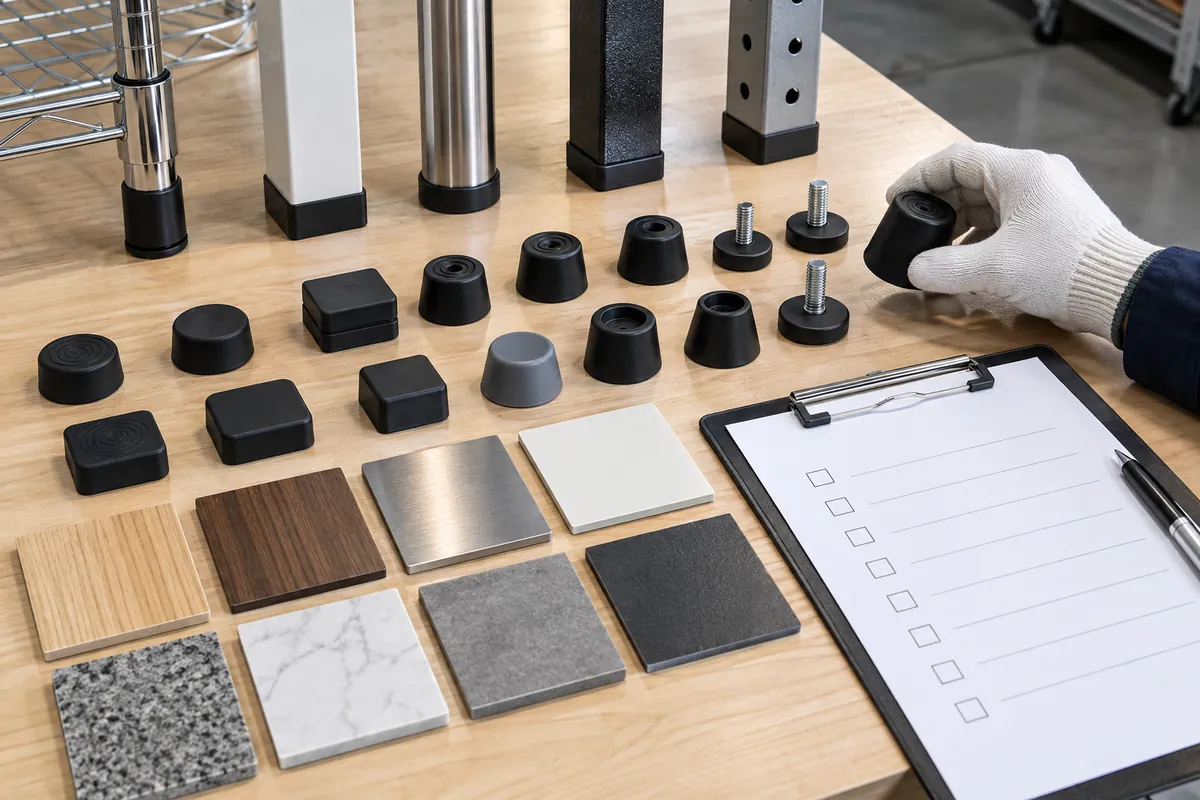 Buyer checking rack foot sample, component identity and contact surface