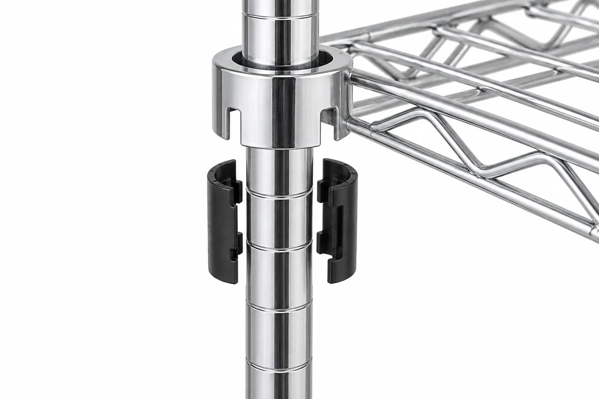Wire shelving split sleeve aligned with a post groove and shelf collar