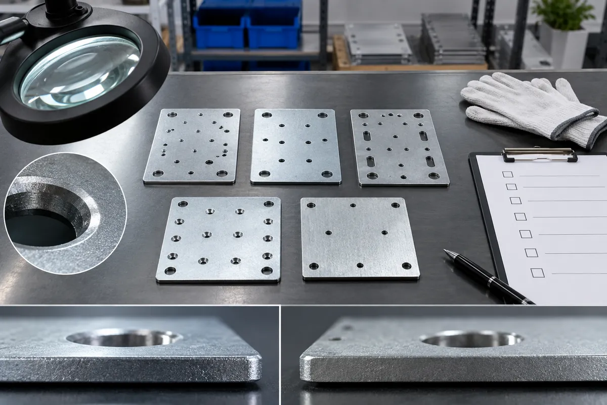 Buyer reviewing a punched mounting plate edge beside a blank inspection sheet