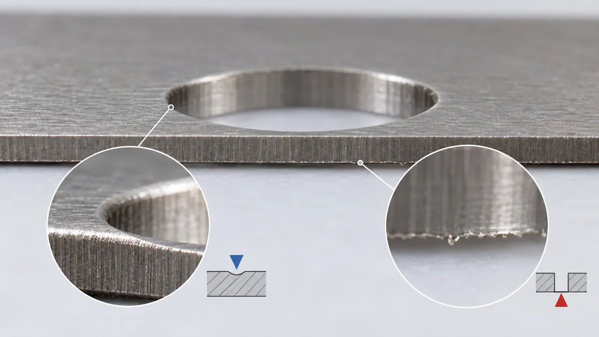 Punched mounting plate edge shown in close-up for burr orientation and deburring review