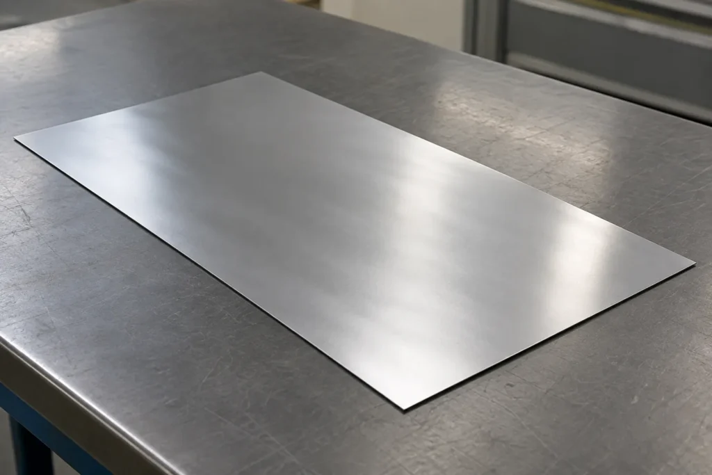 Amostra de painel metálico liso que apresenta uma ondulação subtil sob iluminação de inspeção neutra