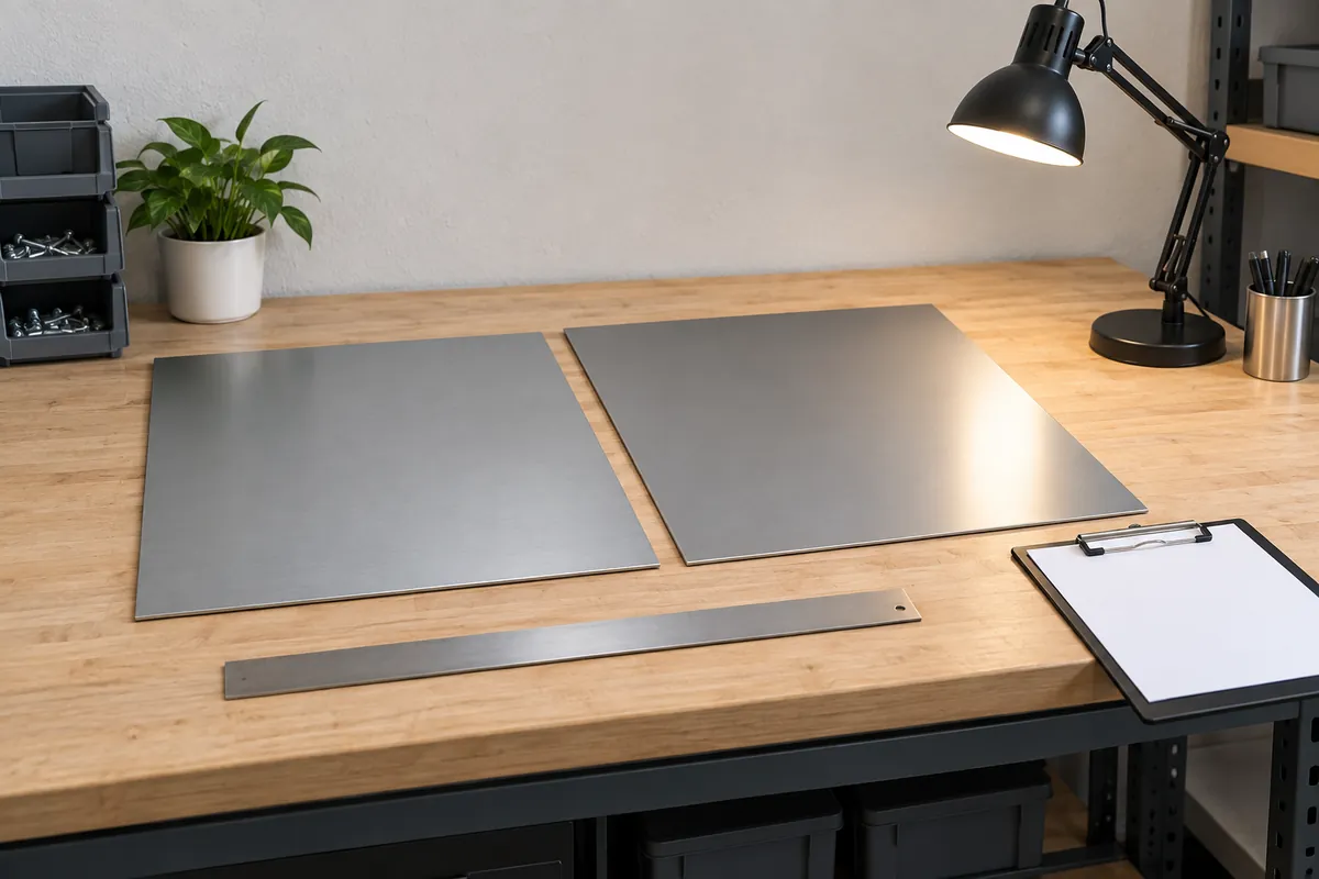 Metal storage panel sample being reviewed beside a neutral buyer inspection checklist