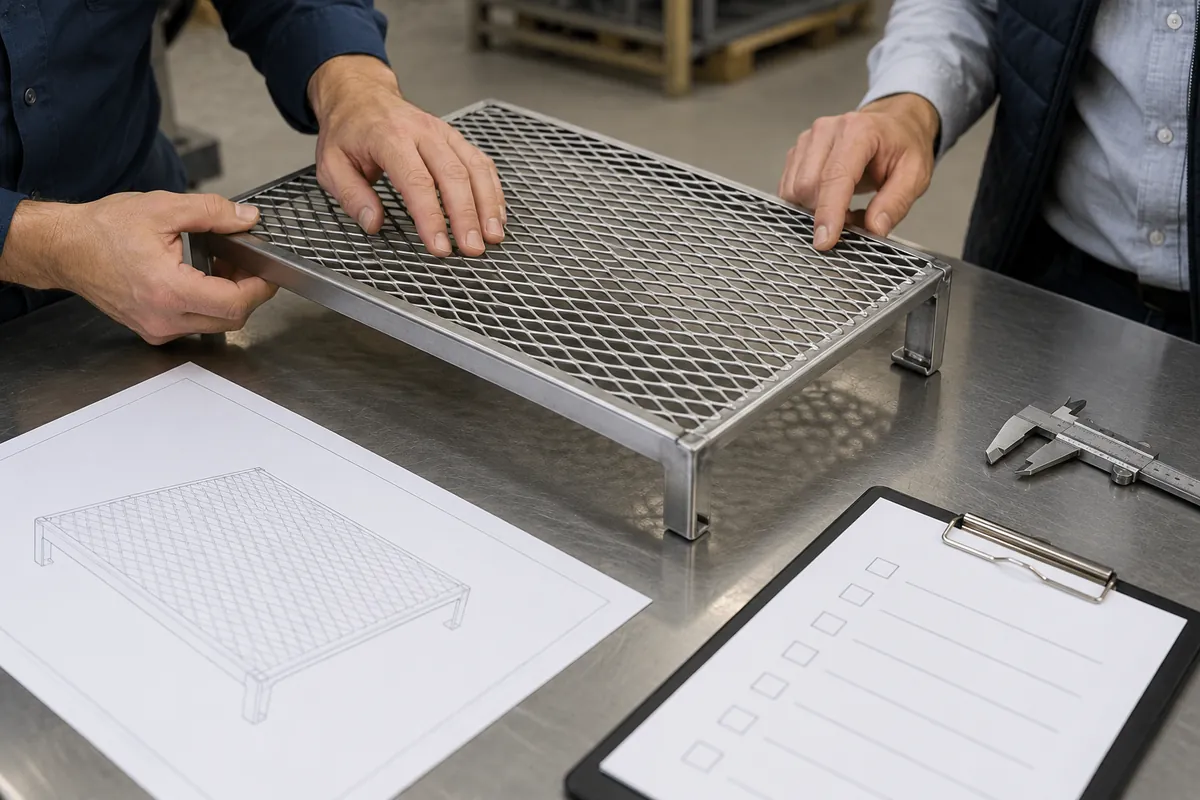 Buyer reviewing expanded-metal orientation and cut-edge details on a shelf sample.