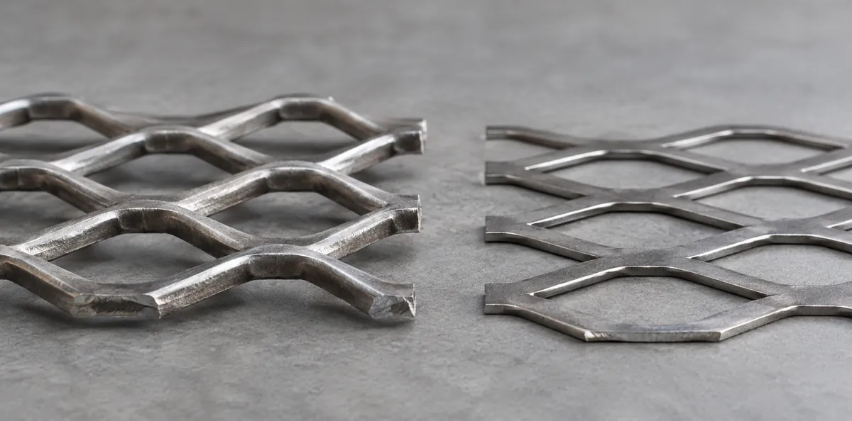 Close-up comparison of raised and flattened expanded-metal strand profiles.