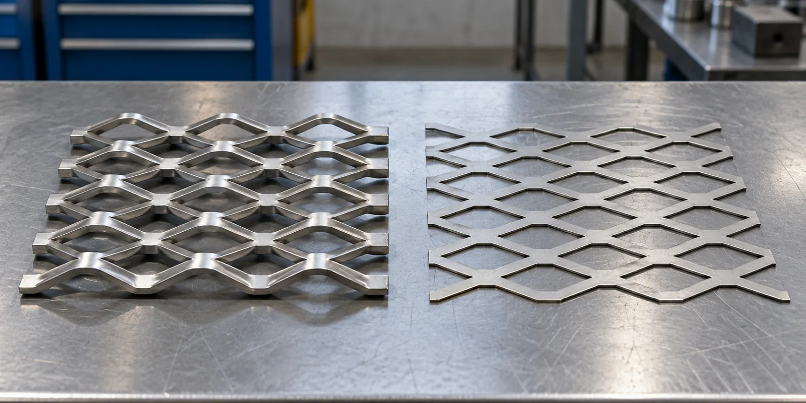 Raised and flattened expanded-metal samples prepared for a home-storage shelf sourcing review.