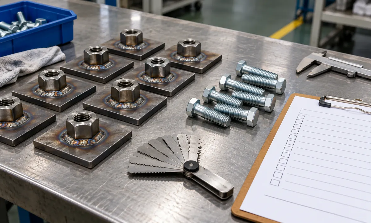 Welded nut sample coupons, bolts, and a blank buyer inspection checklist