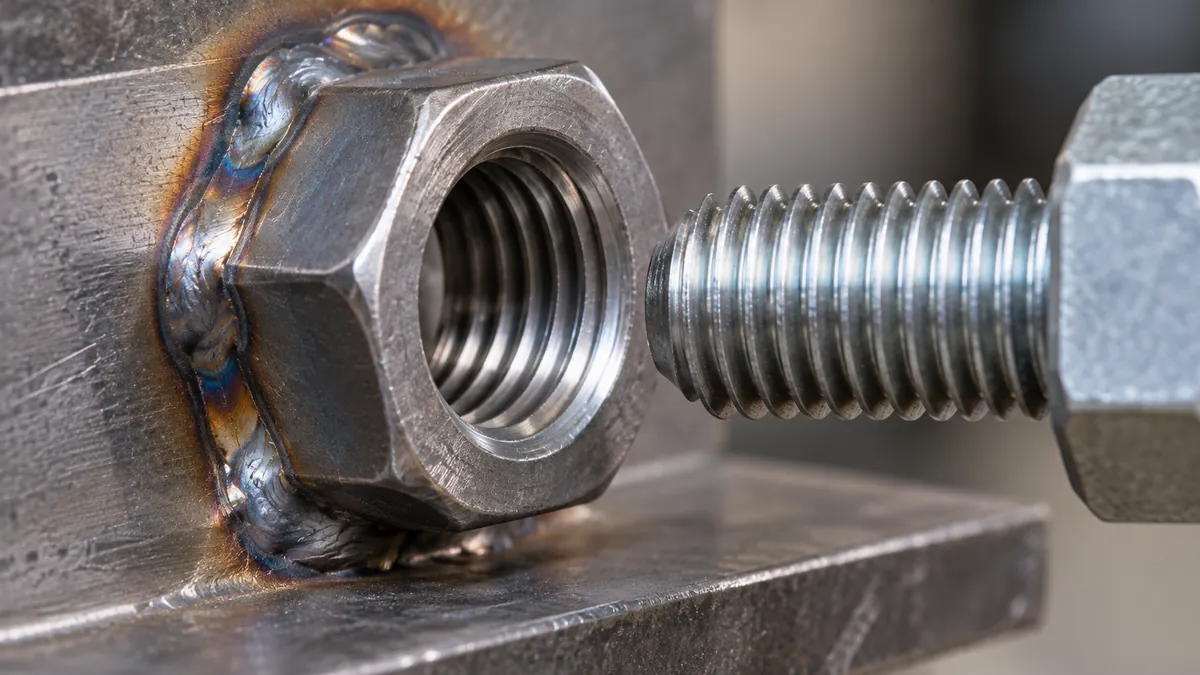 Close view of a welded nut thread entrance and a sample bolt used for fit review