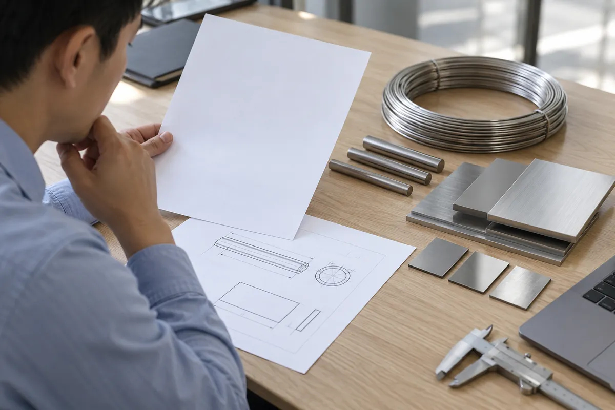 Buyer aligning stainless grade question, sample form, and analytical test scope.