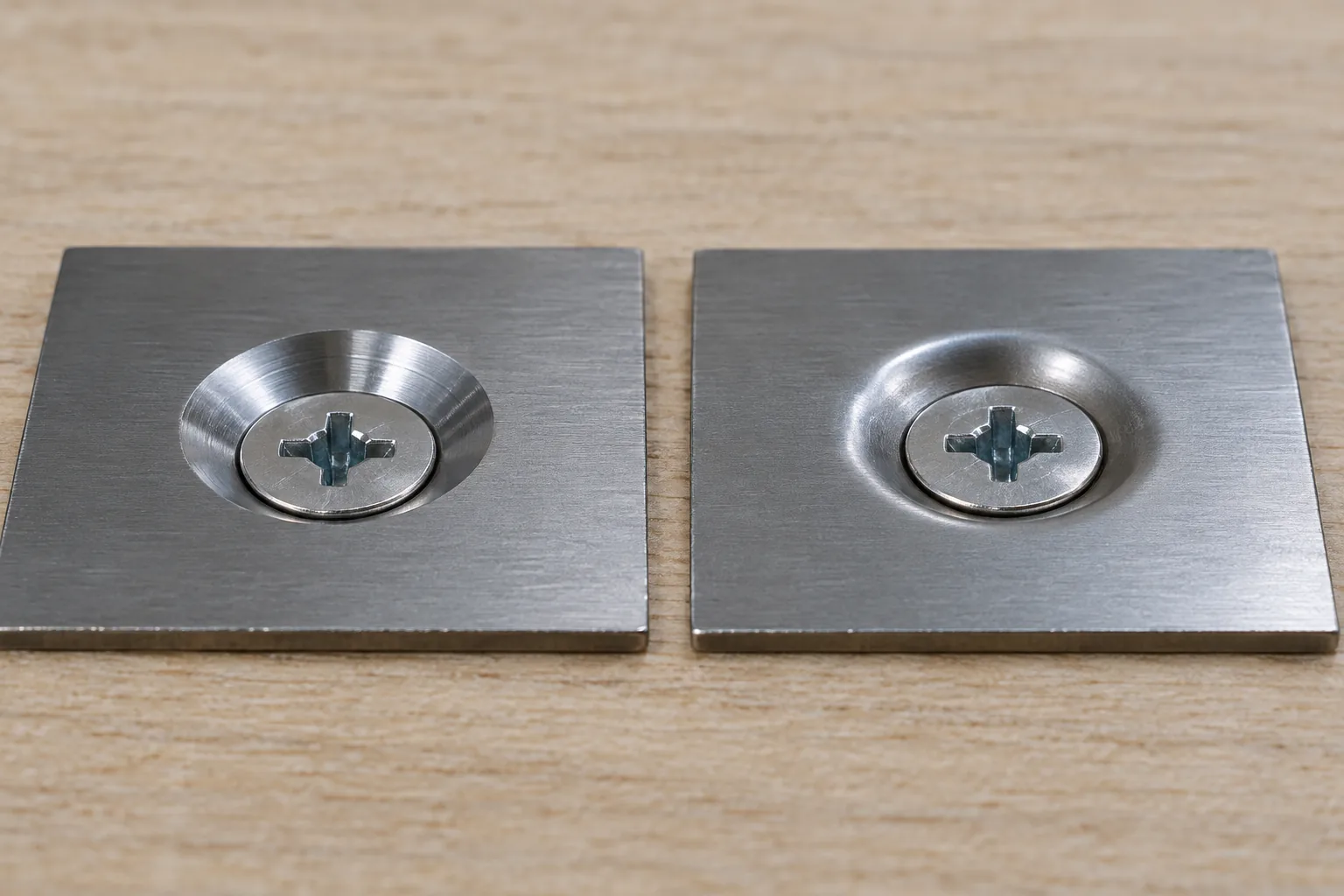 Countersink and dimple formed screw seats compared on thin sheet metal