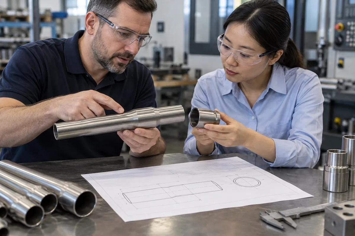 Buyer reviewing tube-end engagement on a production-intent joint sample.