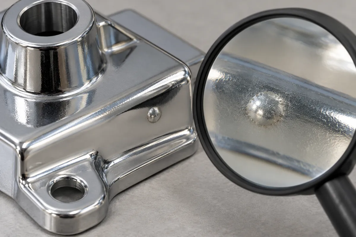 Close inspection of a plated cast-surface appearance without assigning a defect cause.