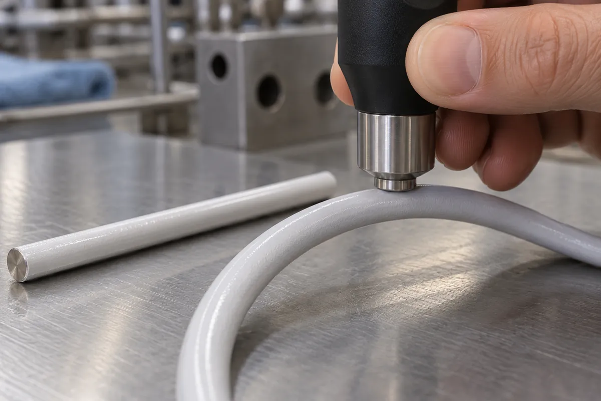Buyer reviewing probe access and geometry on a curved coated wire.