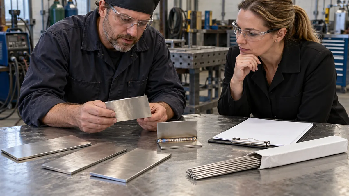 Buyer aligning stainless parent materials, proposed filler, and sample approval records.