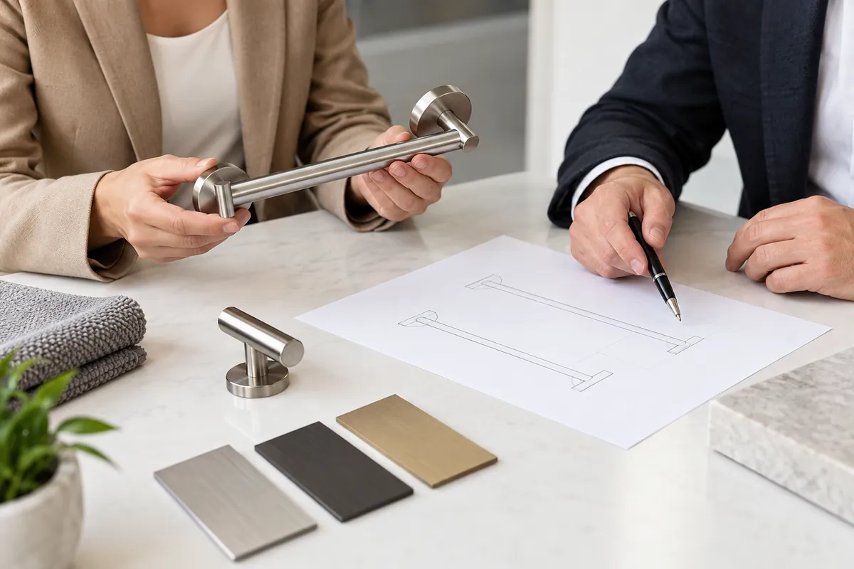 Buyer reviewing a stainless mark location and sample approval record.