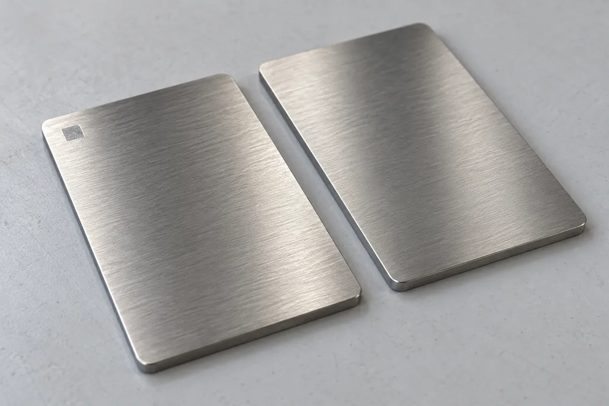 Buyer comparing marked and unmarked stainless samples before finish approval.