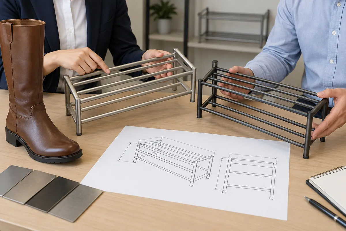 Buyer and supplier reviewing metal shoe rack shelf spacing boot clearance samples and specifications.