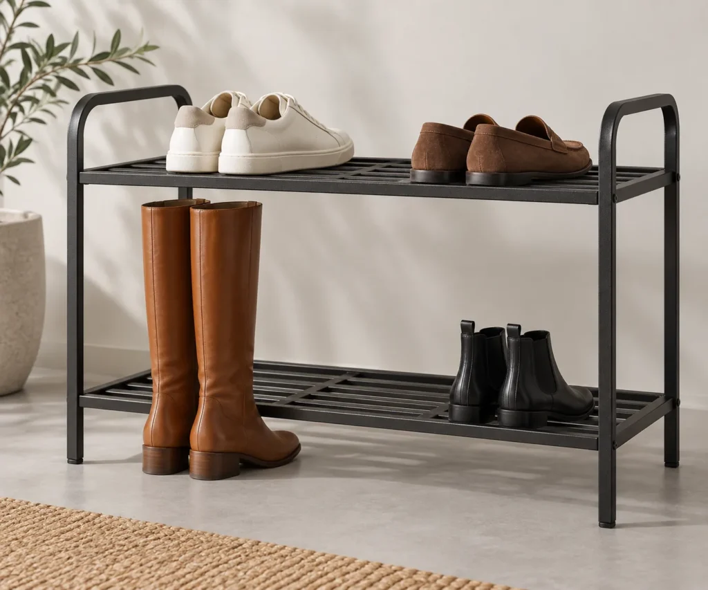 Conceptual metal shoe rack shelf spacing boot clearance example for a B2B sourcing discussion.