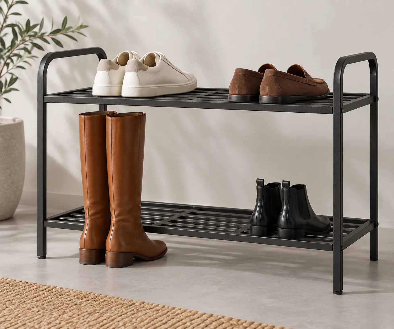 Conceptual metal shoe rack shelf spacing boot clearance example for a B2B sourcing discussion.