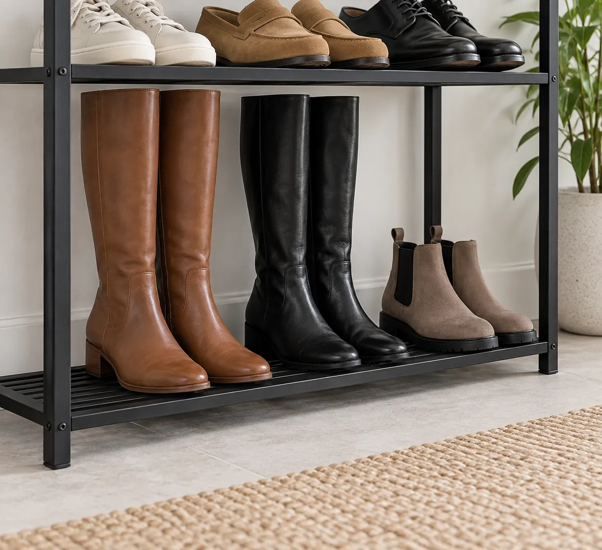 Close-up illustrating a buyer review point for metal shoe rack shelf spacing boot clearance.