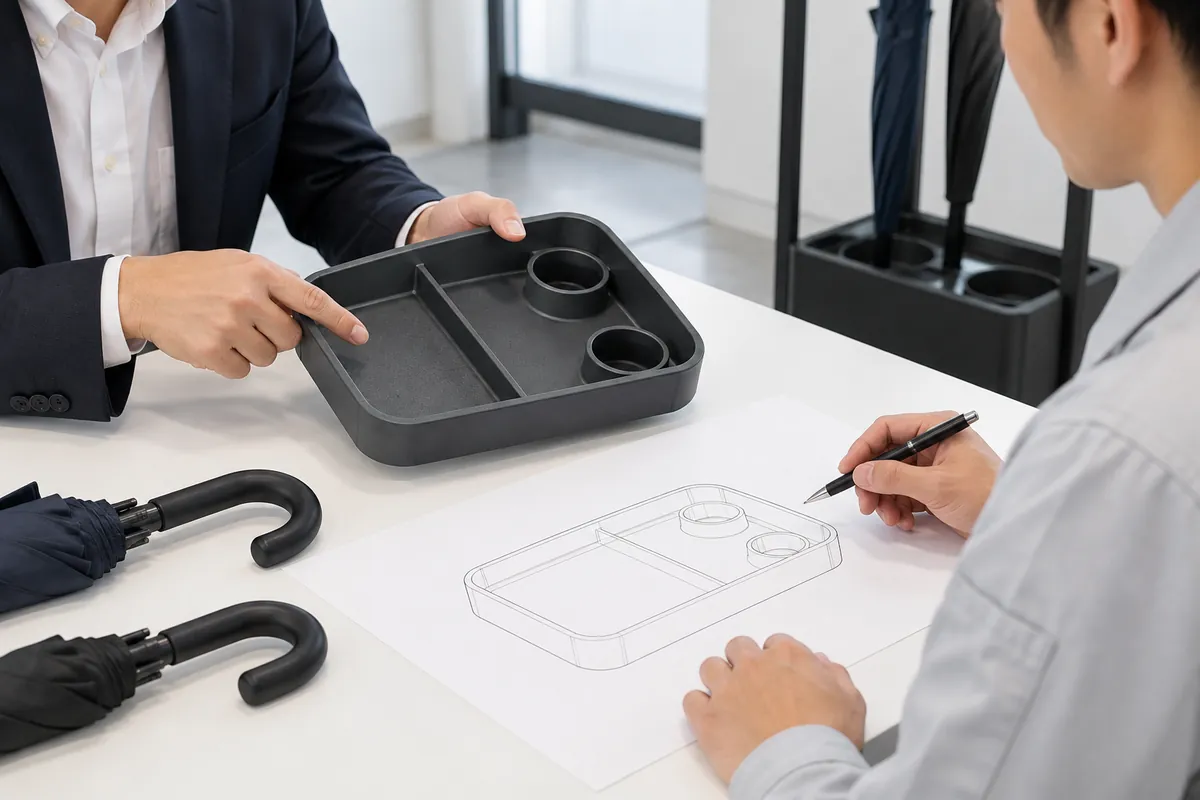 Buyer and supplier reviewing metal umbrella stand drip tray specification samples and specifications.