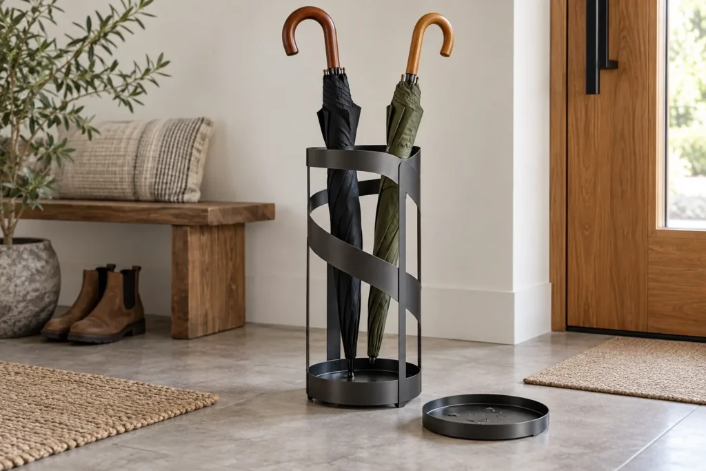 Conceptual metal umbrella stand drip tray specification example for a B2B sourcing discussion.