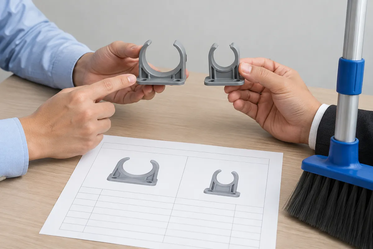 Buyer and supplier reviewing broom mop holder handle diameter grip specification samples and specifications.
