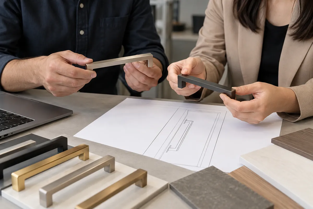 Buyer and supplier reviewing cabinet handle projection finger clearance specification samples and specifications.