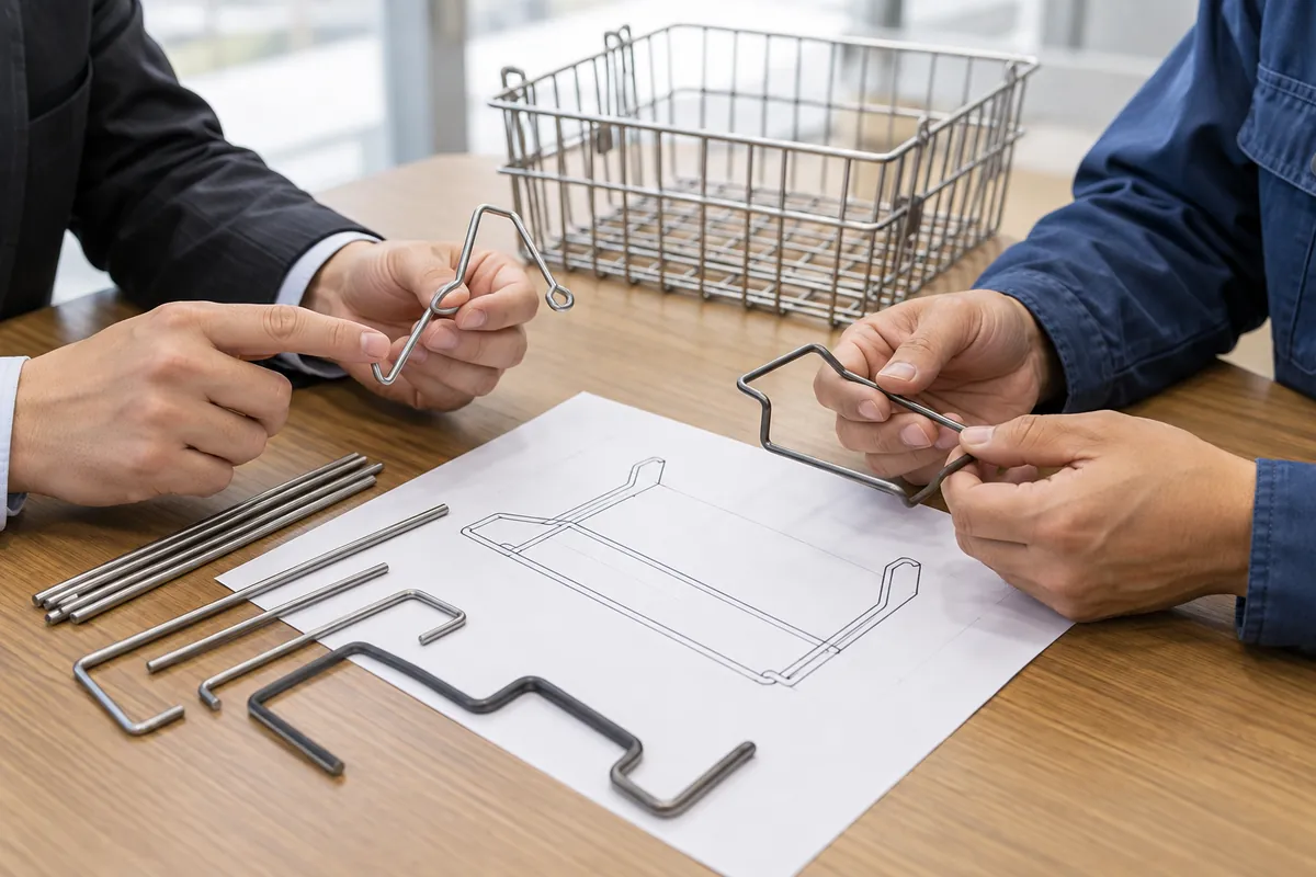 Buyer and supplier reviewing annealed vs hard drawn steel wire forming samples and specifications.