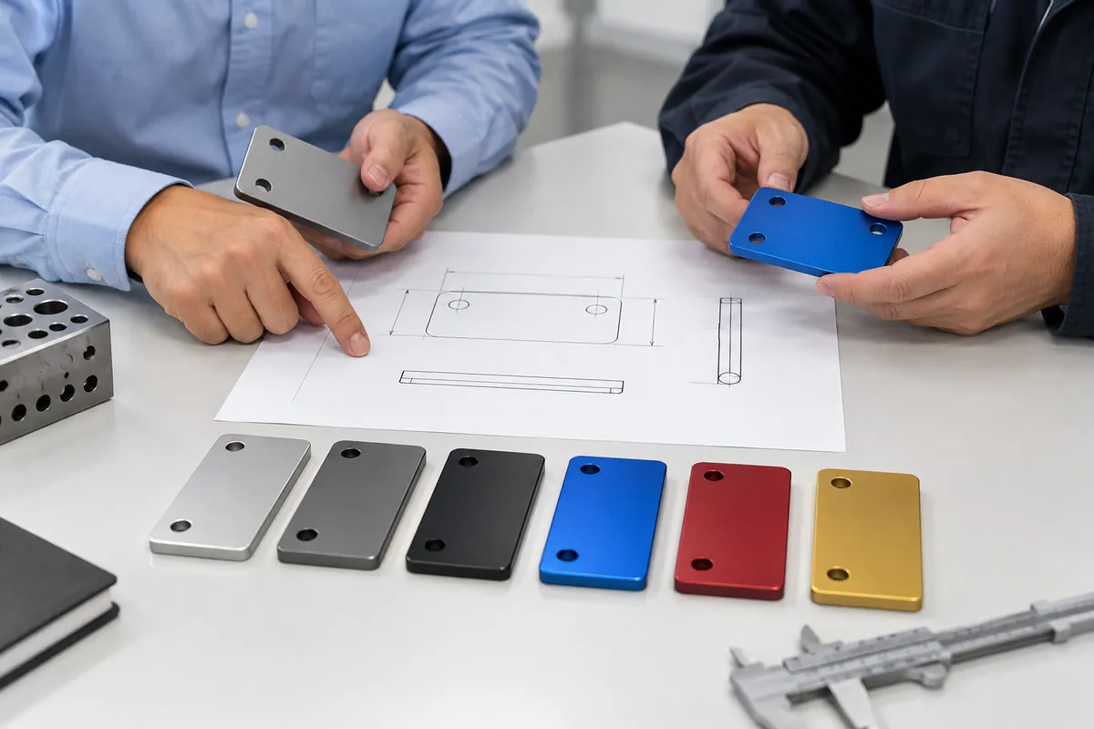 Buyer and supplier reviewing anodized aluminum finish samples and product specifications.