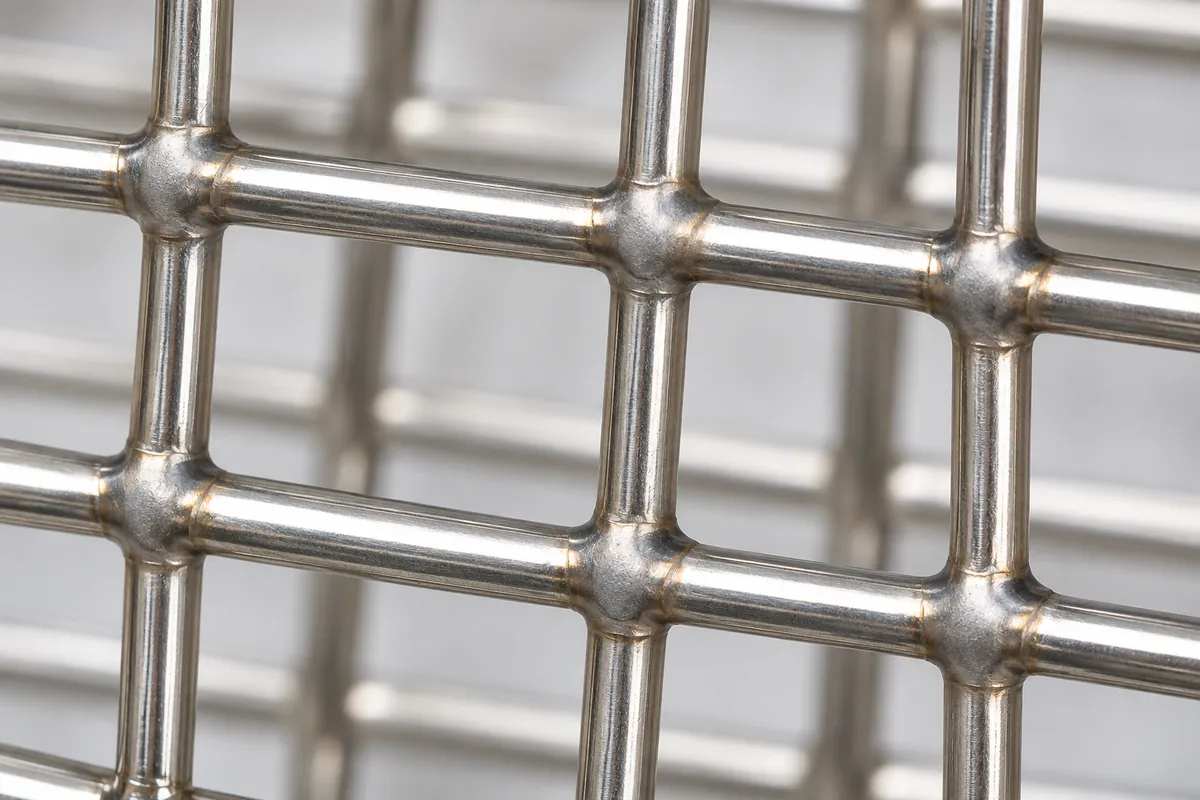 Macro close-up of wire basket weld intersections for a buyer quality review.