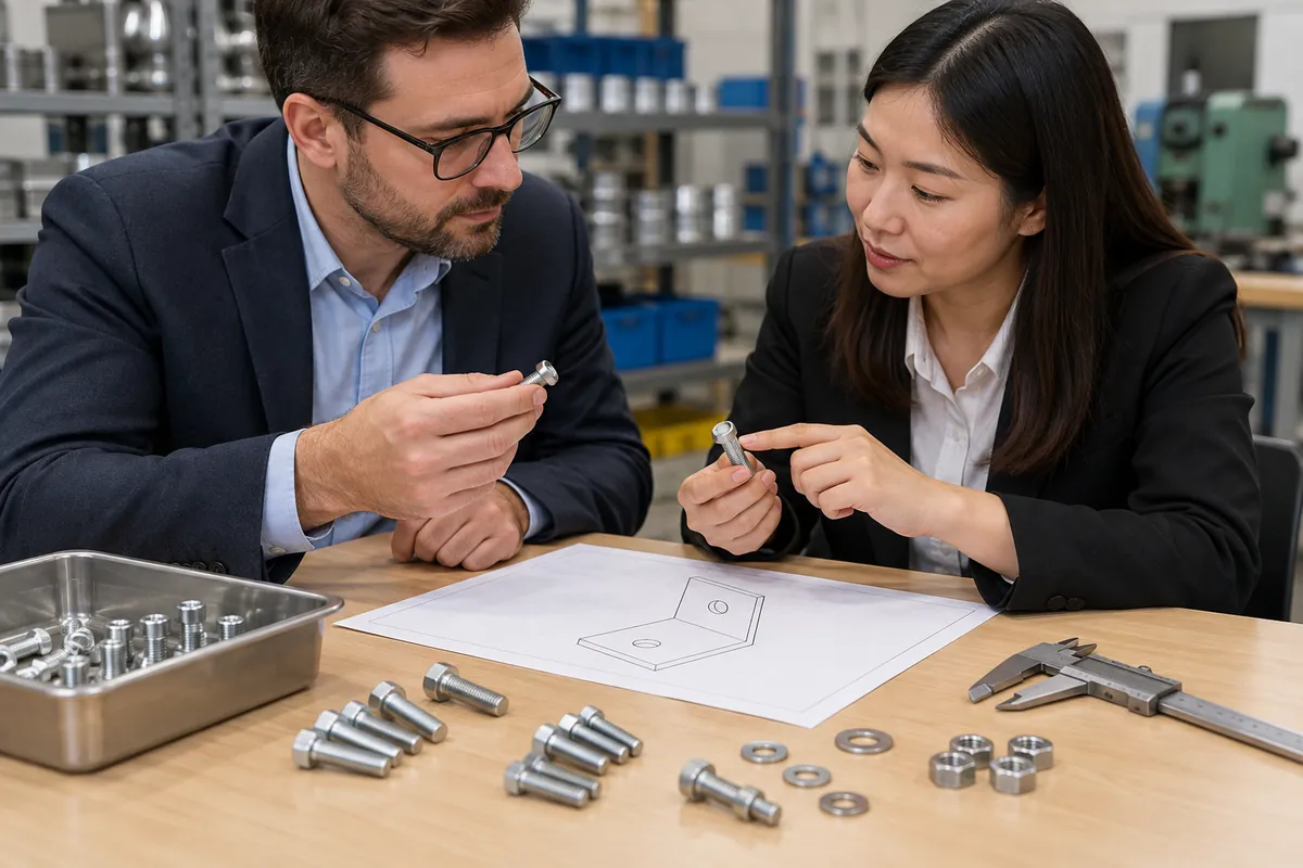Buyer and supplier reviewing metal fastener samples and a bracket drawing.