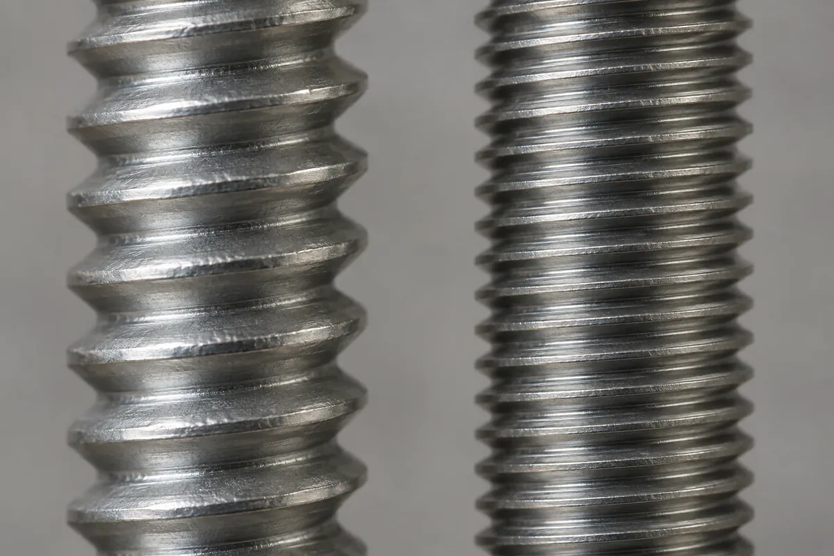 Close-up comparing rolled and cut thread profiles for a metal hardware buyer review.
