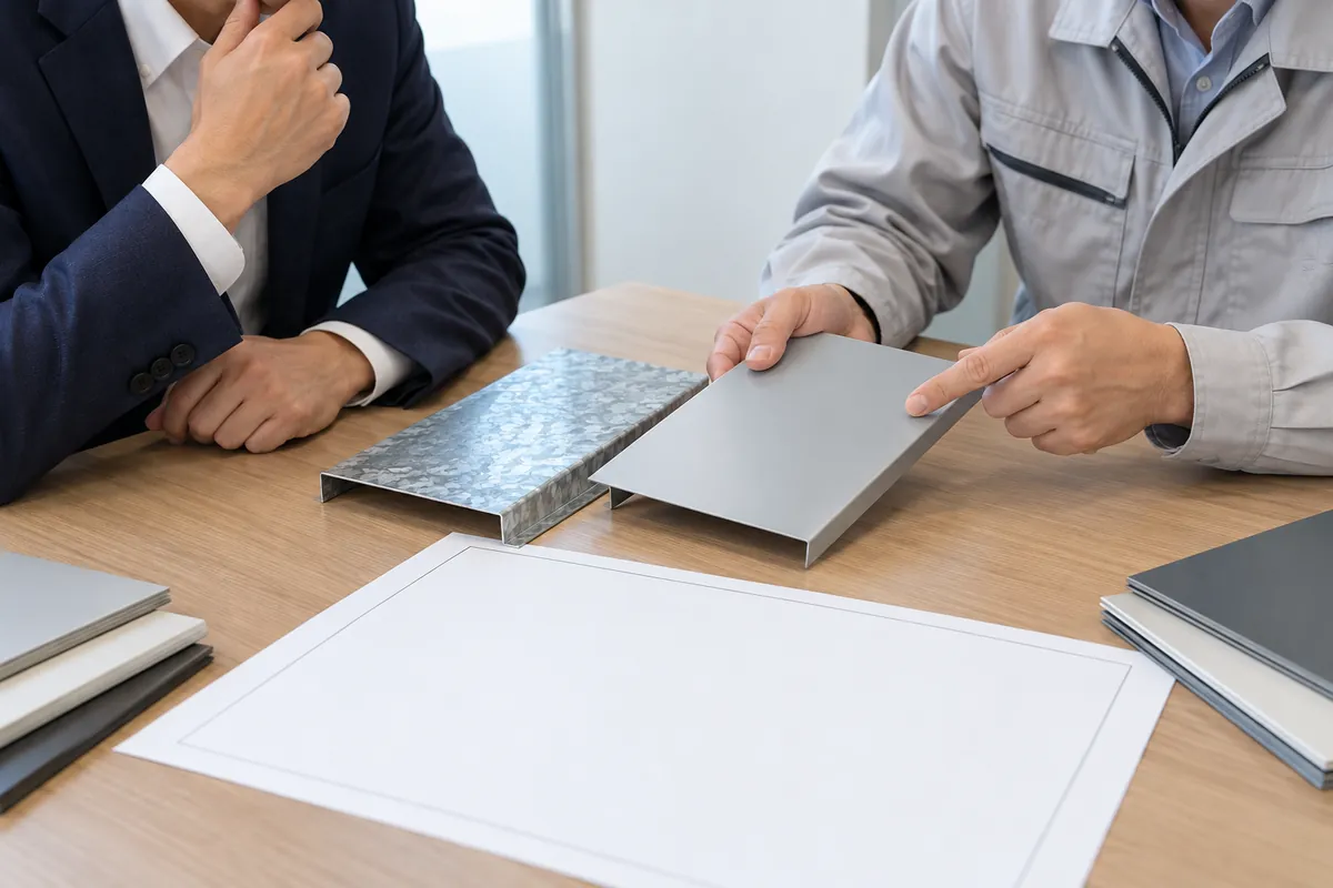 Buyer and supplier reviewing a cut-edge sample and coating specification.