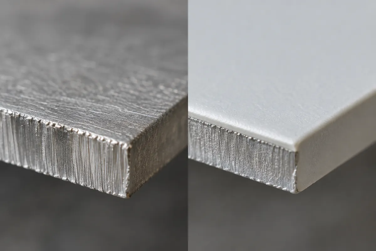 Macro view of metal cut-edge conditions for a buyer review before powder coating.