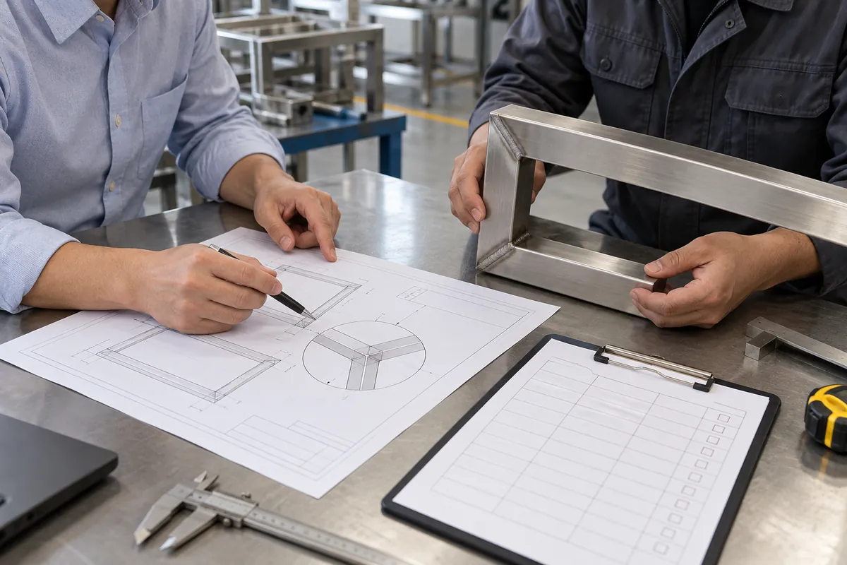 Buyer and supplier reviewing liquid penetrant testing stainless welds for oem buyers samples and records.