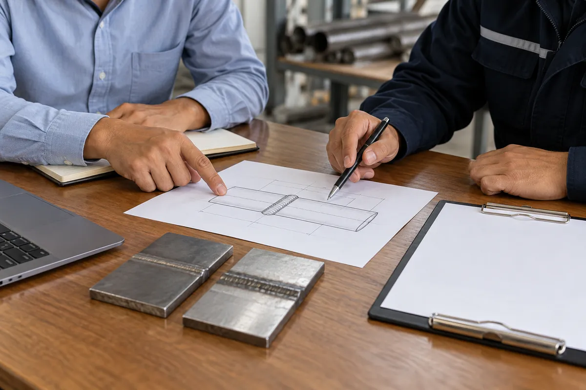 Buyer and supplier reviewing resistance weld destructive test methods for oem buyers samples and records.