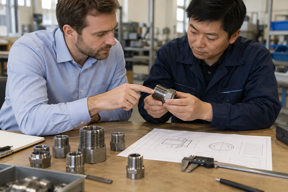 Buyer and supplier reviewing thread go no go gauge inspection for oem buyers samples and records.