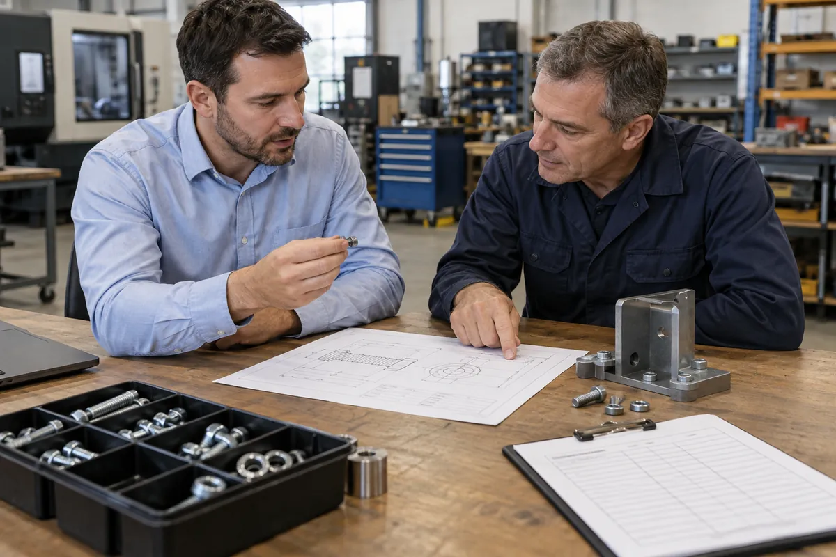 Buyer and supplier reviewing torque screwdriver calibration assembly for oem buyers samples and records.