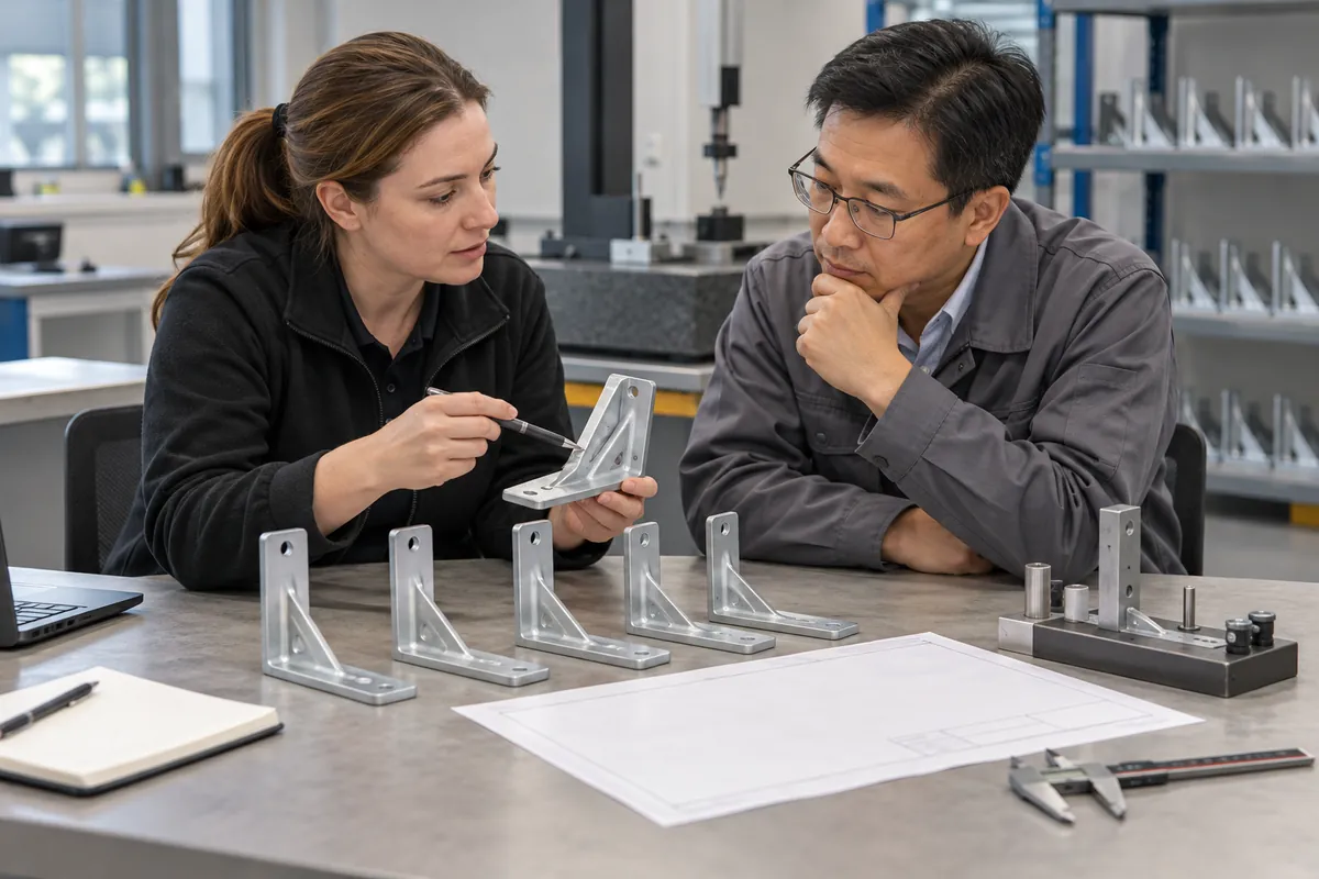 Buyer and supplier reviewing gage r&r metal parts inspection for oem buyers samples and records.