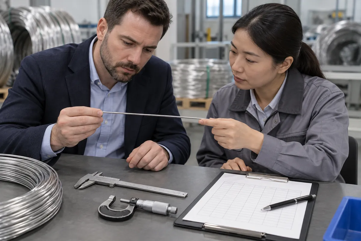 Buyer and supplier reviewing caliper vs micrometer wire diameter for oem buyers samples and records.