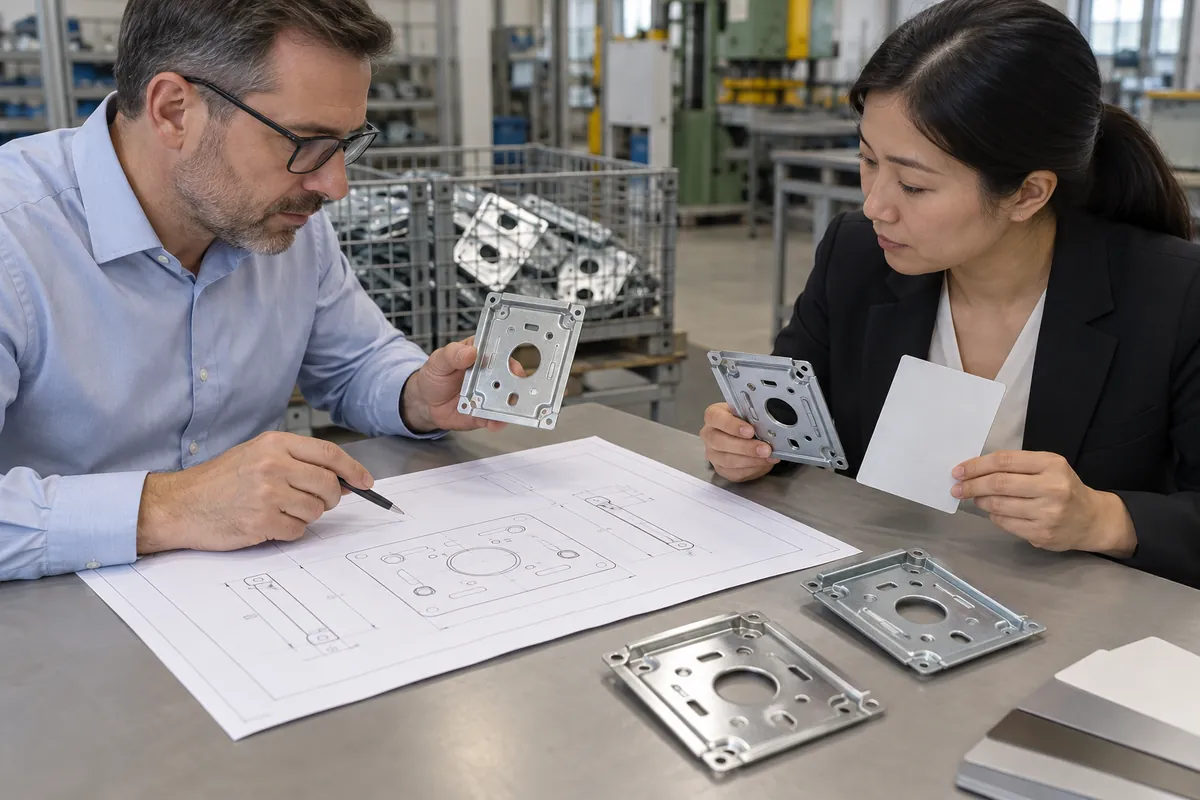 Buyer and supplier reviewing sheet metal gauge vs thickness specification for oem buyers samples and records.