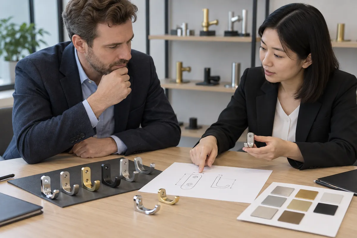 Buyer and supplier reviewing rack vs barrel plating small hardware for oem buyers samples and records.