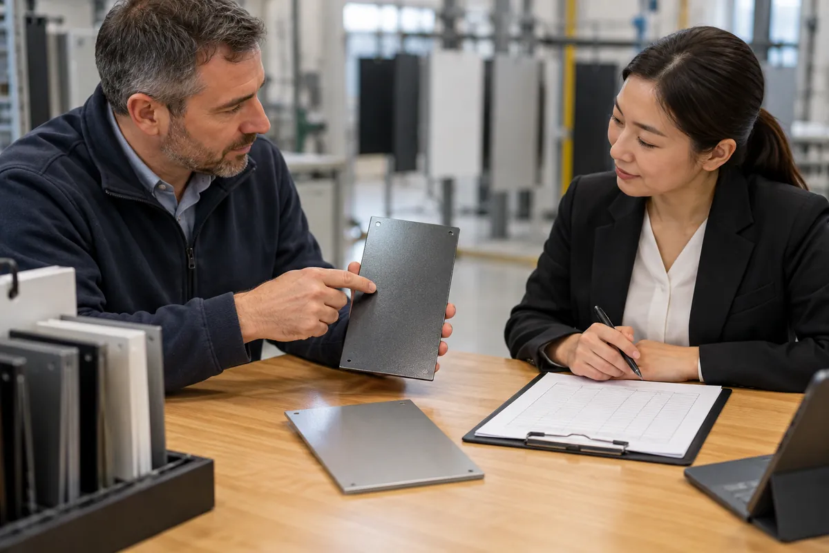 Buyer and supplier reviewing powder coating recoat rework approval for oem buyers samples and records.